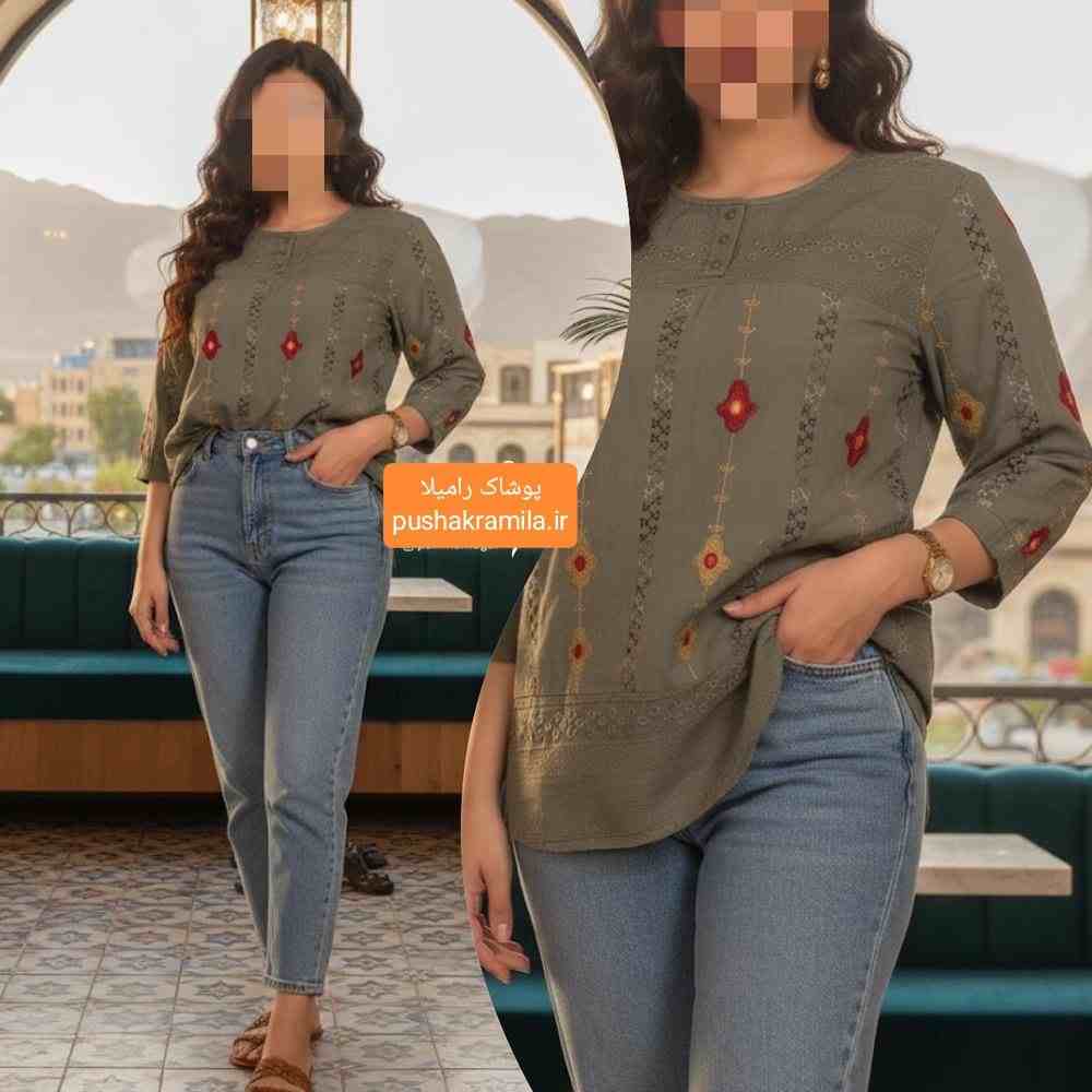 تیشرت نخی خامه دوزی آستین 3ربع