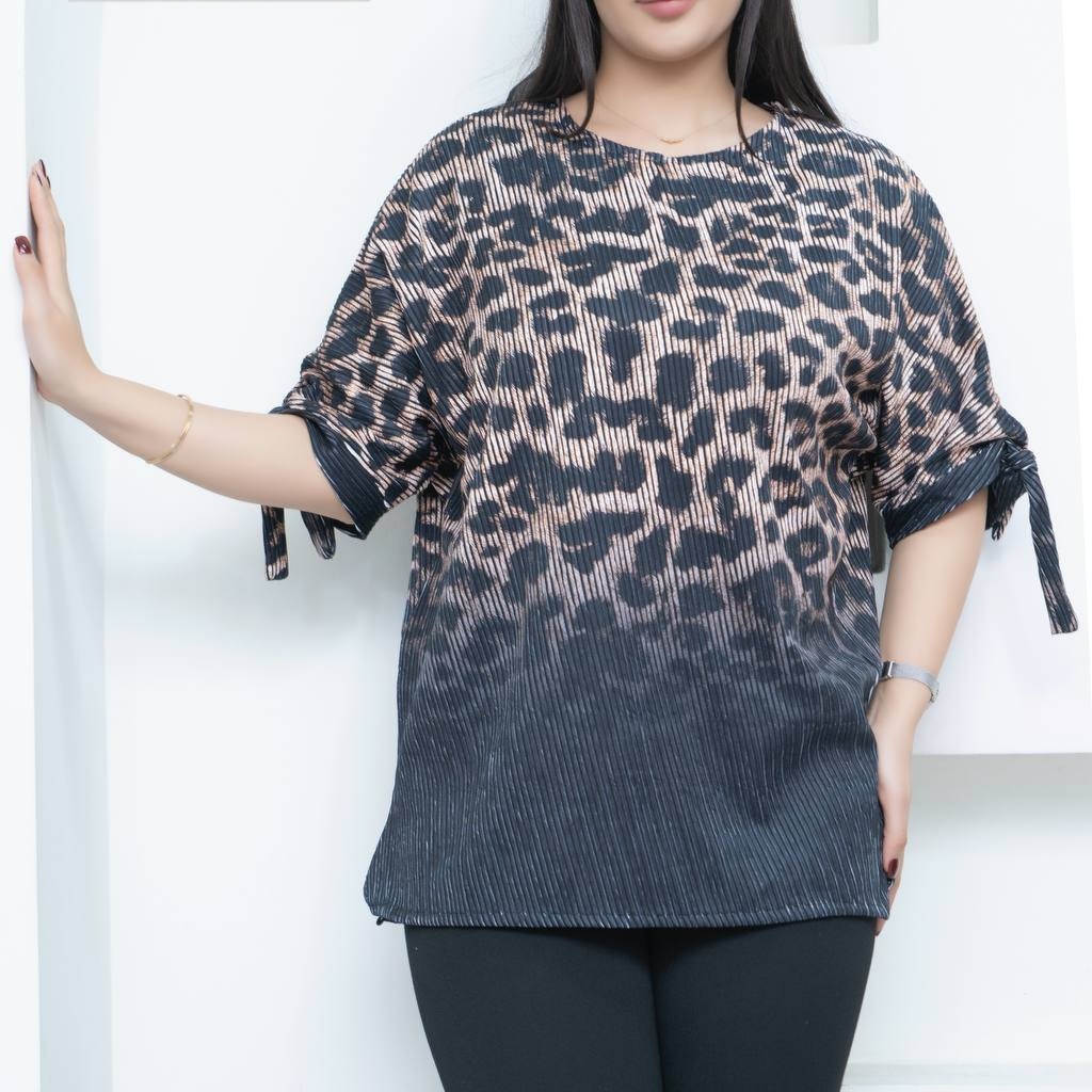 بلوز پلنگی آستین کیمینو بنددار